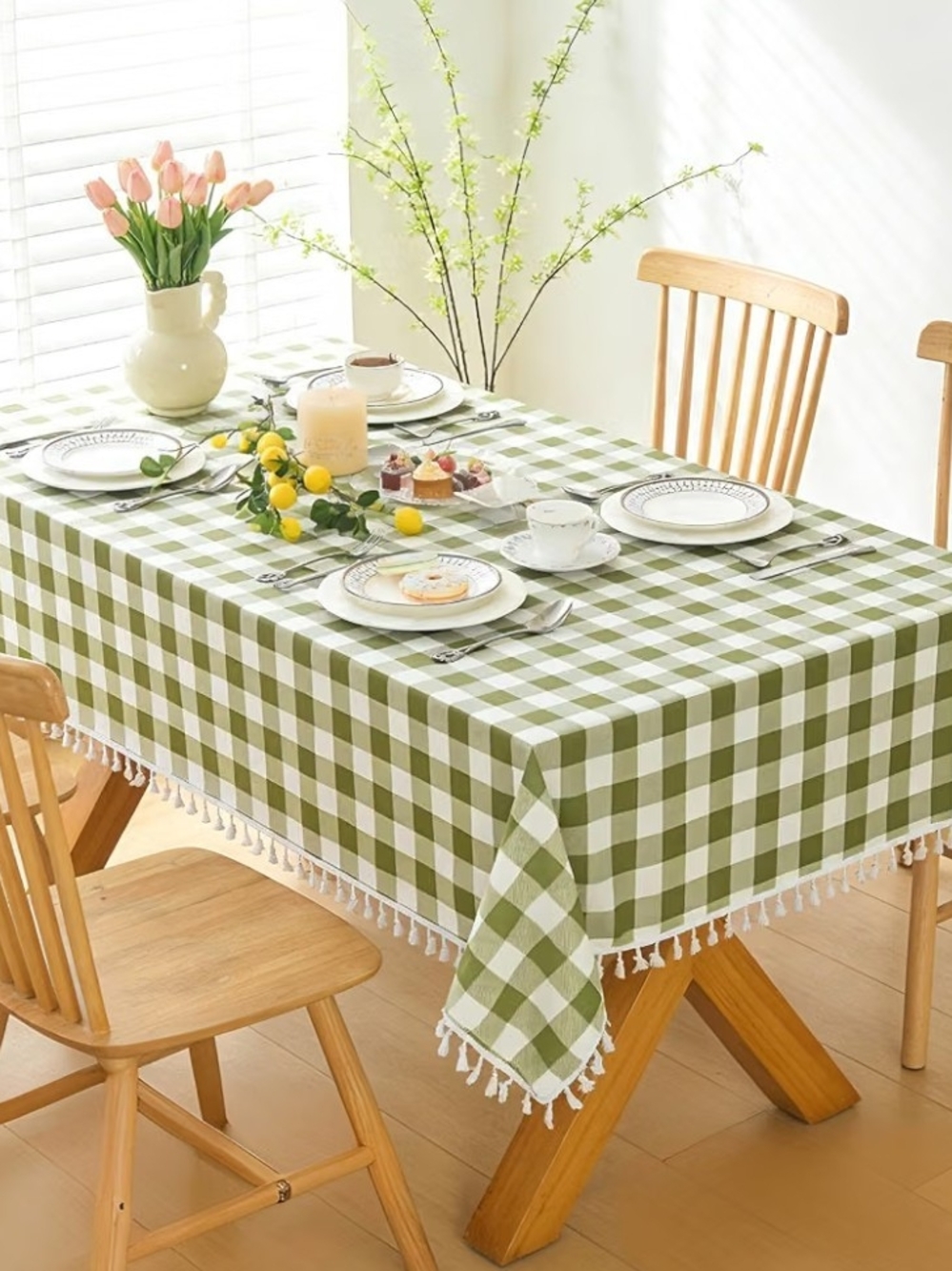 Green Gingham Tassel Tablecloth - Classic Check Dining Accent 58x84